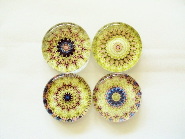Large Set of 4 Glass Magnets- Green Mandala