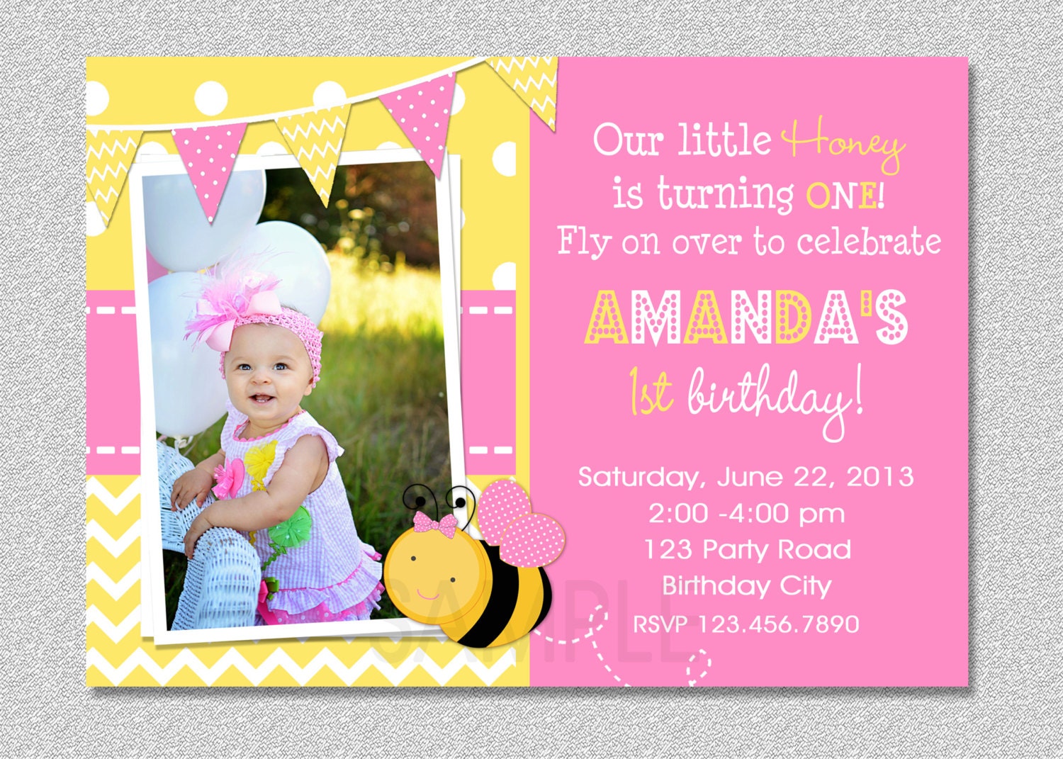 Pink Bumble Bee Birthday Invitation , Bumble Bee 1st Birthday Invitation Printable Il_570xn