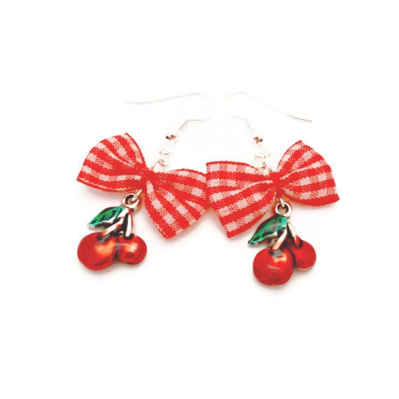 Red and White Gingham Bow and Cherry Earrings, Rockabilly, Pinup, Burlesque, Kitsch, Scene