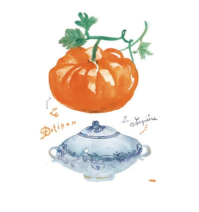 Kitchen decor Pumpkin soup Food art poster Orange 8X10 print Watercolor vegetable painting French cooking Botanical - lucileskitchen