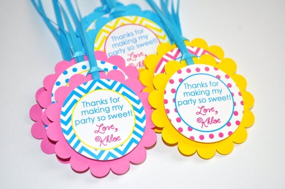 12 Chevron Polkadot Favor Tags - Girls 1st Birthday - Chevron Birthday Decorations with Polkadots - Teal, Pink, Yellow Il_570xn