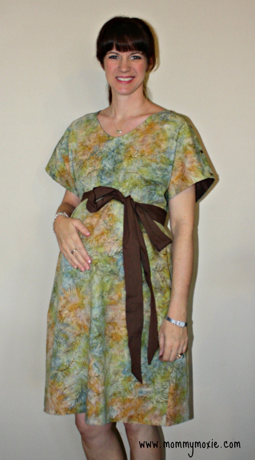 Asher Maternity Hospital Gown - Brown Green Batik Print - Lined in Your Choice of Colors - By Mommy Moxie on Etsy Deliver in Style - MommyMoxie