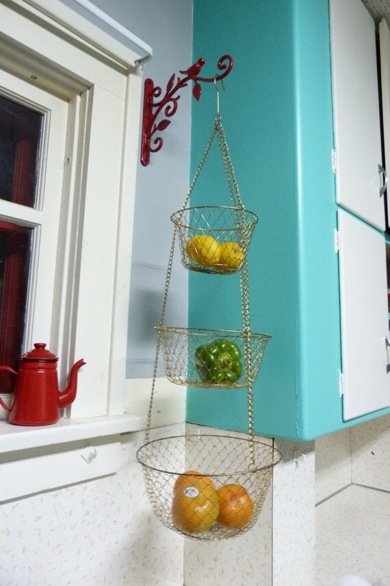 Vintage 3 Tier Wire Hanging Kitchen Basket Brass by RavishingRetro