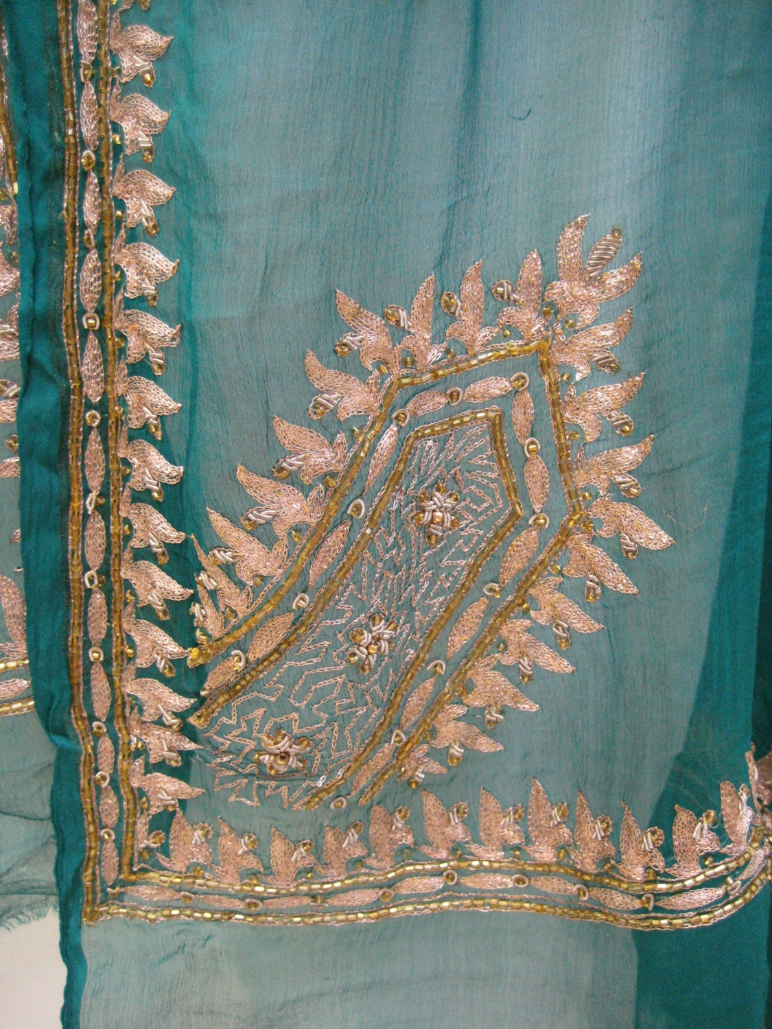 Antique SILK Shawl/Stole. Regency Style MUST SEE. Peacock Blue. Hand embroidered in gold gilt thread