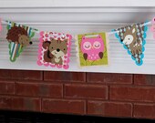 Forest Friends Woodland Wildlife Die Cut Banner ... 6 panels ... skunk squirrel owl deer fox hedgehog .. Pink Turquoise Sage Il_170x135