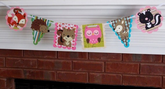 Forest Friends Woodland Wildlife Die Cut Banner ... 6 panels ... skunk squirrel owl deer fox hedgehog .. Pink Turquoise Sage Il_570xn