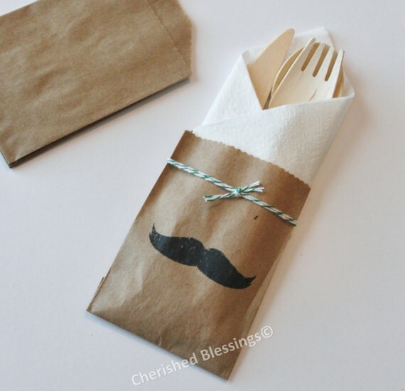 Table Settings Wedding 10 Mustache Flatware Bags Wooden Utensils Cutlery Rustic Birthday Party Baby Bridal Shower Favors Paper Goods Il_570xn