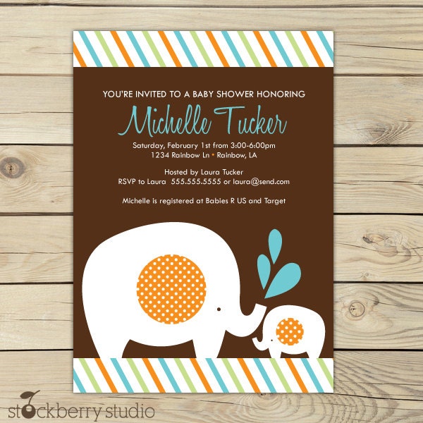 Elephant Baby Shower Printable Invitation - Orange Brown Aqua Green Il_570xn