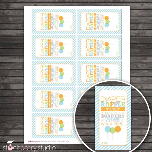 Ready To Pop Baby Shower Diaper Raffle Ticket -Orange, Light Blue, Lime Green & Gray - Instant Download Il_570xn