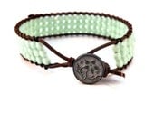 Mint Leather Wrap Bracelet with Designer Blossom Button/ OOAK/ Free Shipping/ Boho Glam Luxe Chic/ St Patricks Day - GloryGift Mint Leather Wrap Bracelet with Designer Blossom Button/ OOAK/ Free Shipping/ Boho Glam Luxe Chic/ St Patricks Day - GloryGift