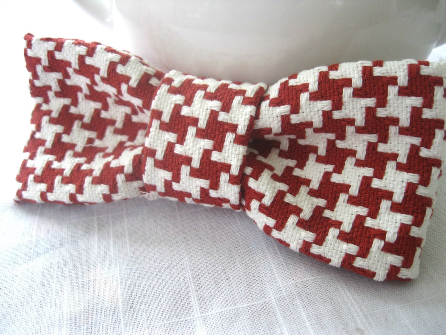 Red Houndstooth Hair Bow - Large Fabric Hair Bow : Upcycled Cotton in Red and White on Hair accessory of your choice Eco Friendly - SewEcological