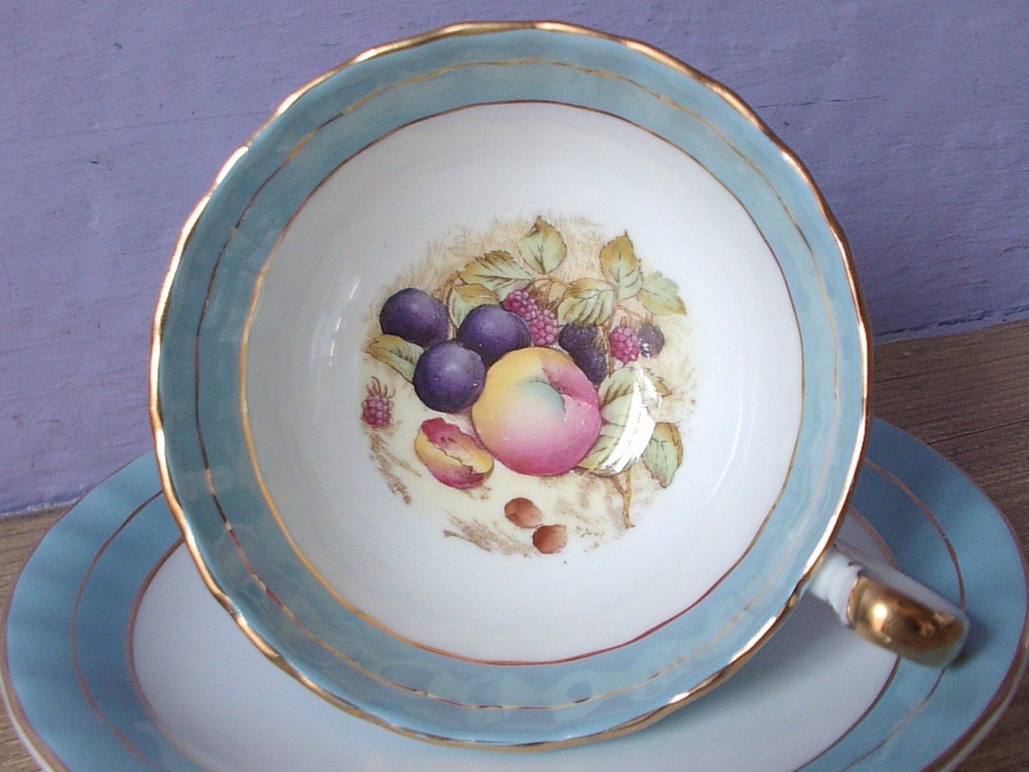 vintage Aynsley bone china tea cup, English tea set, blue and white tea cup, antique tea cup, 1950's fruit cup signed
