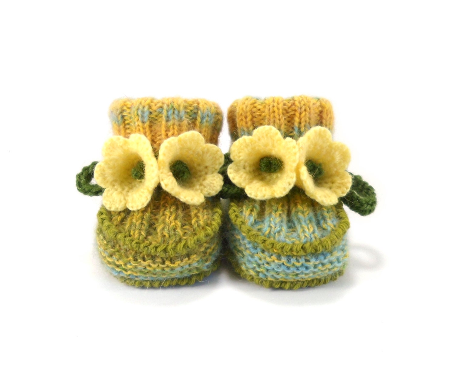 Baby Booties Hand Knitted with Crochet Yellow Bell Flowers, 0 - 3 months