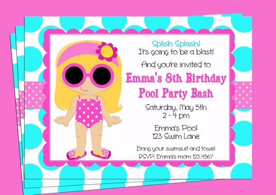 Pool Party Invitation Printable - You pick hair color/style & skin tone Il_570xn