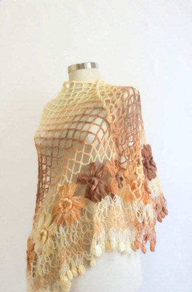 shawl,Caramel ,Brown ,Cream,Triangle ,warm,handknit ,Stole, Bolero, trend,wrap,springlux fashion,wedding bridal bridesmaid