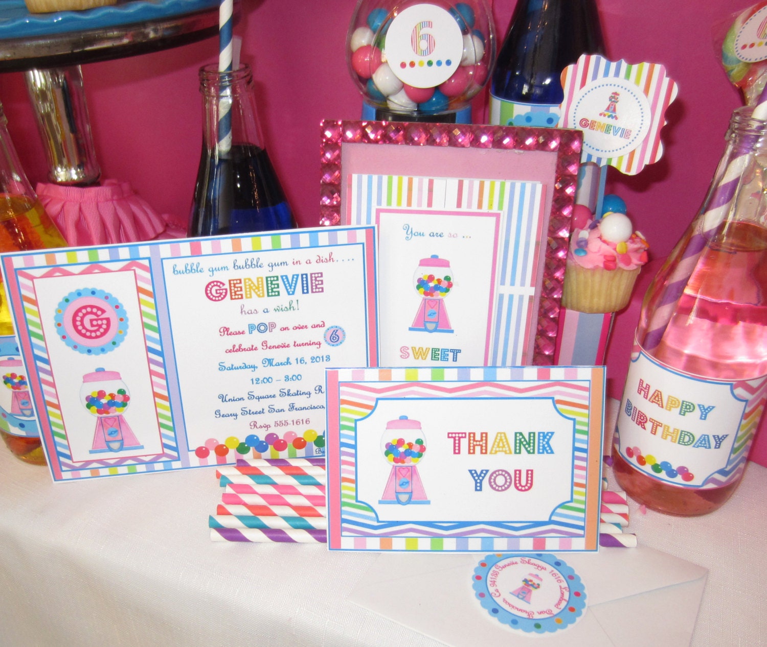 Pink GUMBALL Birthday Party CUSTOM Printable INVITATION Party Set by Bella Bella Studios Il_570xn