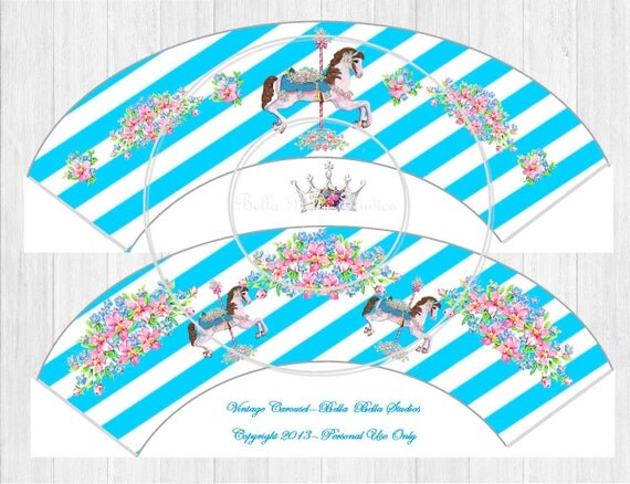 Vintage Carousel Horse Party - Custom PRINTABLE CUPCAKE WRAPPERS - Cupcake Liners - Instant Download - Bella Bella Studios Il_570xn