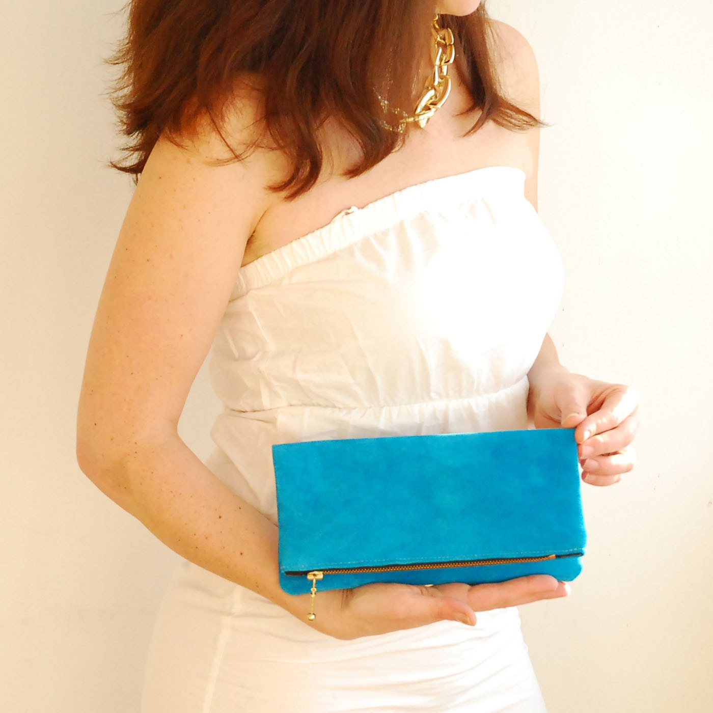 Small Turquoise Suede Bag. Foldover Zipper Clutch.