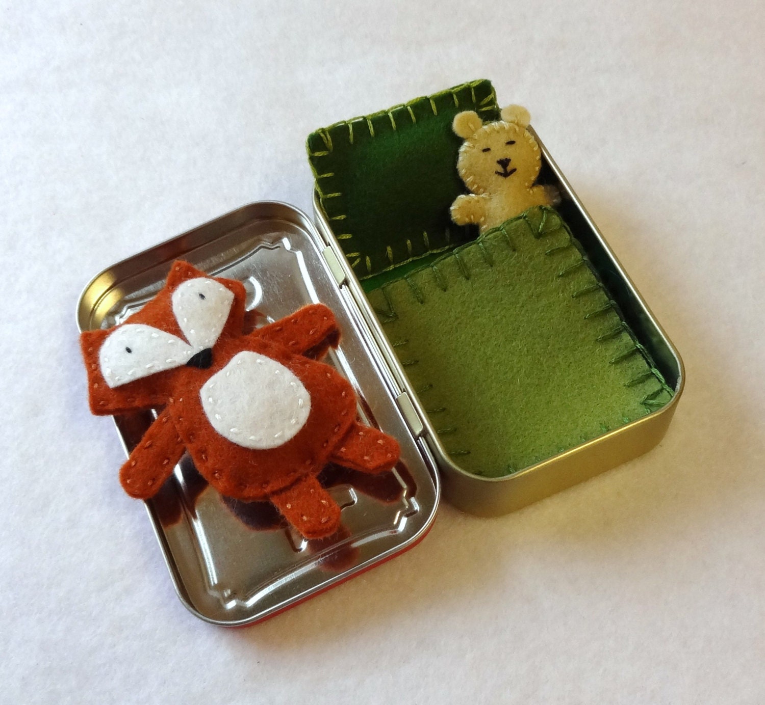 Fox in a Box with green bedding - wool felt fox and teddy bear in Altoids Tin - made to order - EarthyMamaGoods