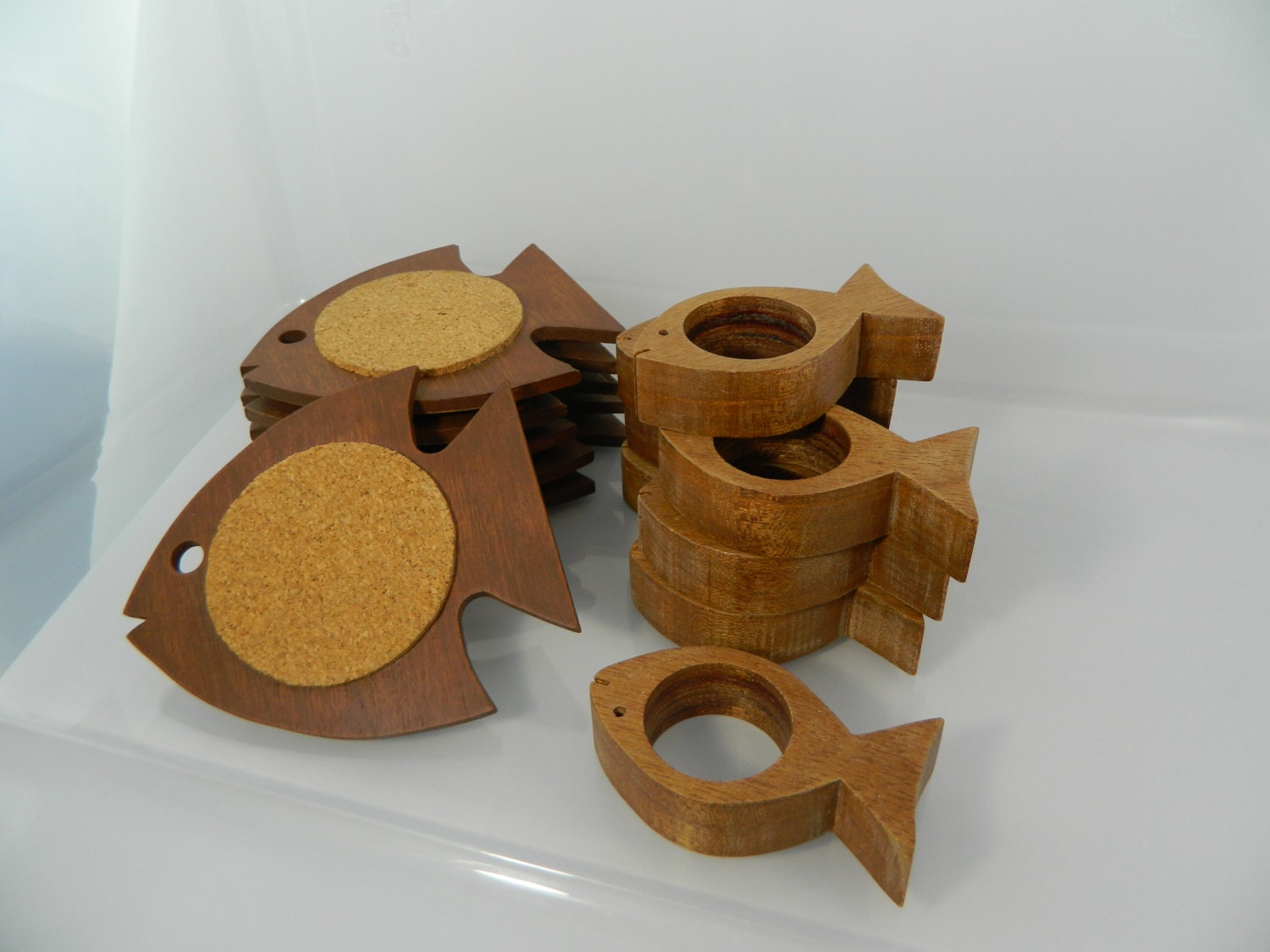 Reserved for Cathy Coasters only Mid Century Napkin Rings Set of 8 and Coasters Set of 6 Wooden Fish