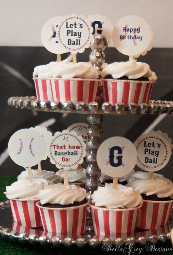 toppers baseball Vintage  cupcake Birthday  Baseball Party Party Toppers  vintage Circles Cupcake