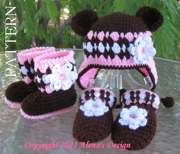 PDF Instant Download - Crochet PATTERN Set - Bear Hat , Baby Booties, and Baby Mittens by AlenasDesign