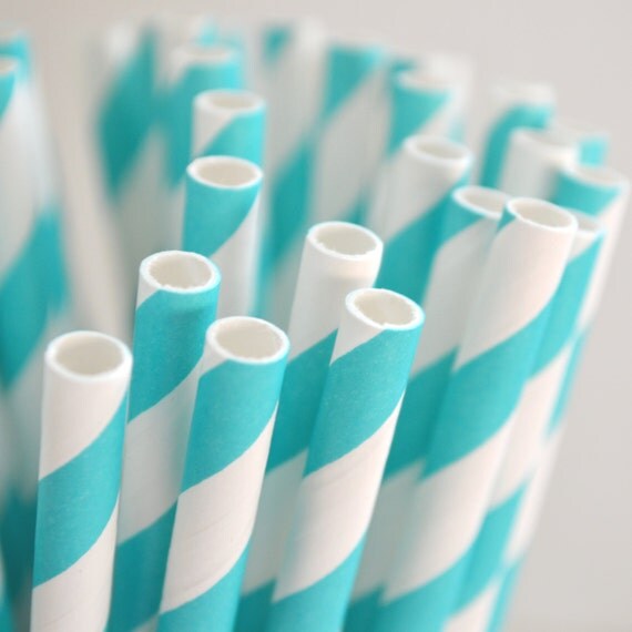 50 AQUA stripe paper straws made in USA