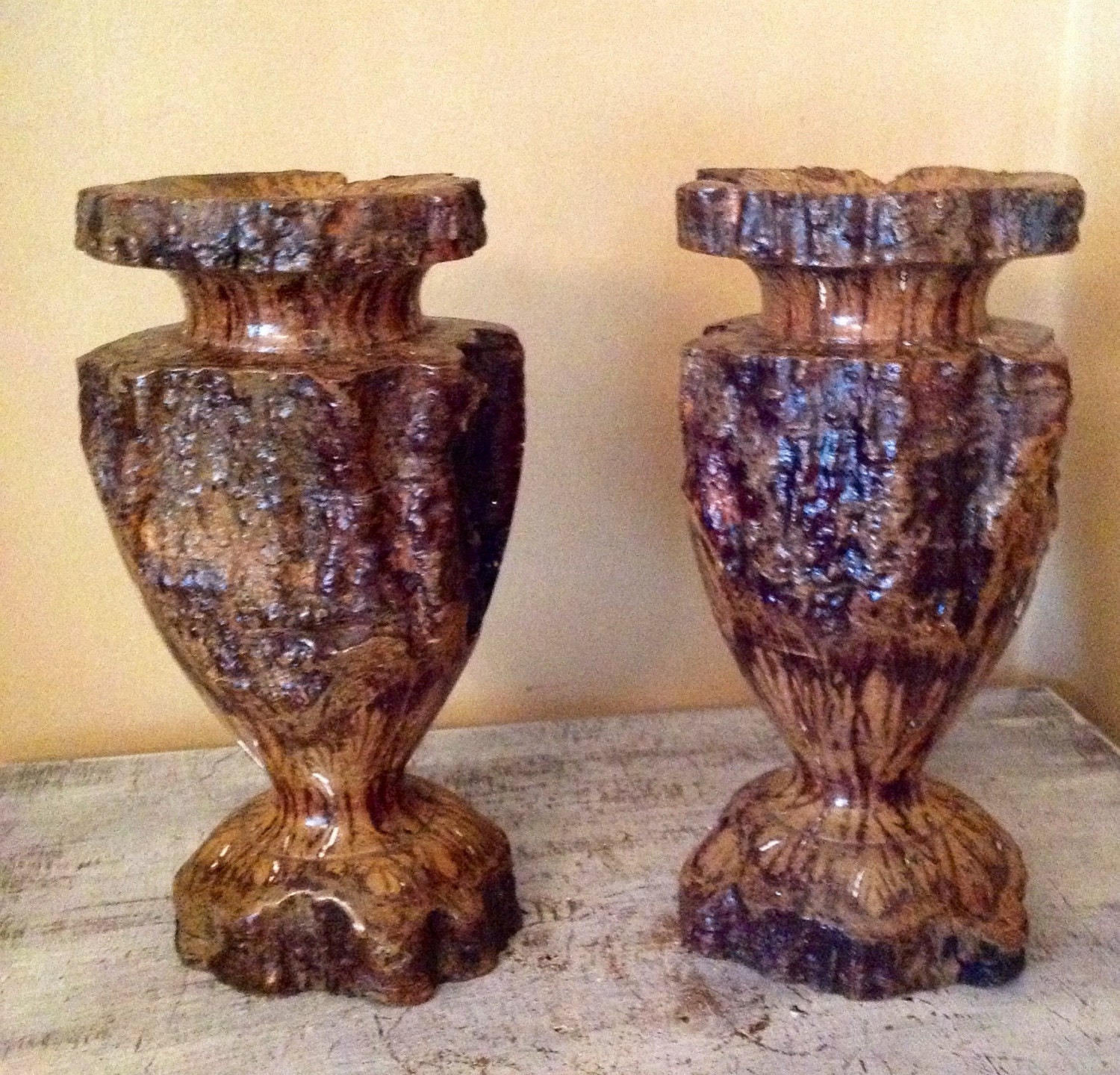 SALE....Vintage Pair of Carved Wooden Vases from by PorchHound