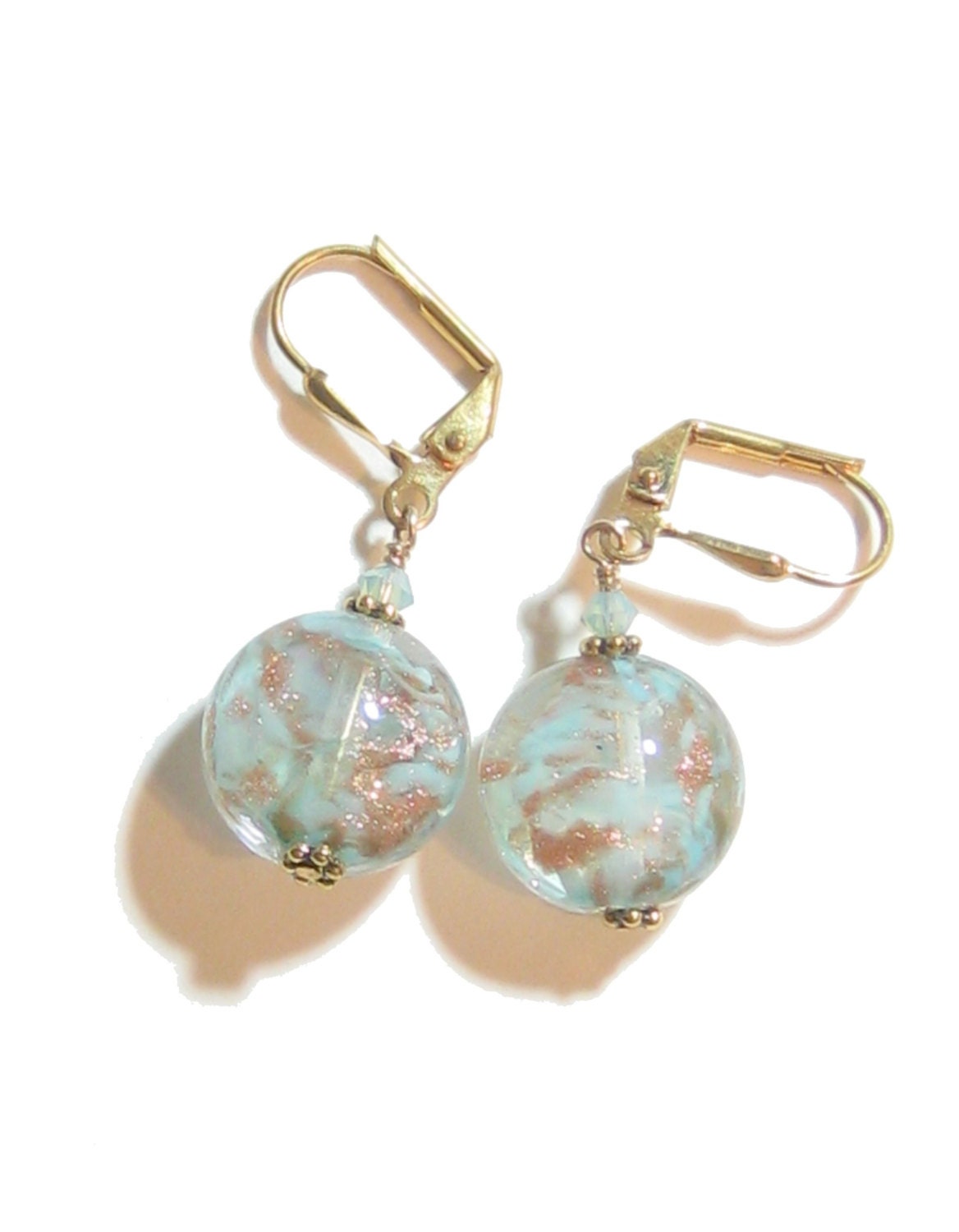 Murano Glass Aquamarine Earrings, Venetian Disc Earrings, Italian Jewelry, Leverback Earrings