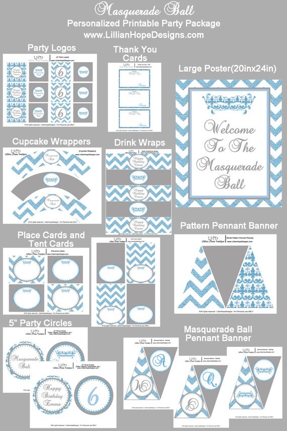 Masquerade Ball - Chevron Birthday Party - PRINTABLE Personalized Party Package - Glitter Glam Party Il_570xn