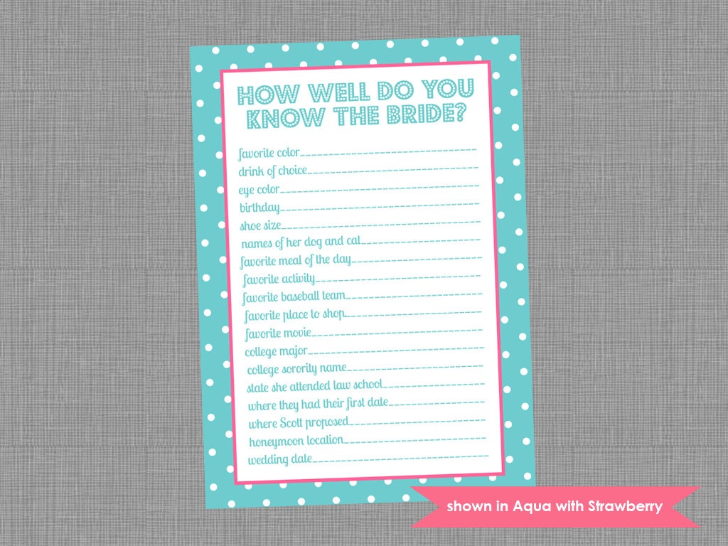 Bridal Shower Game - Printable Shower Themed Polka Dot Know the Bride Game - Colors and Text Customizable Il_570xn