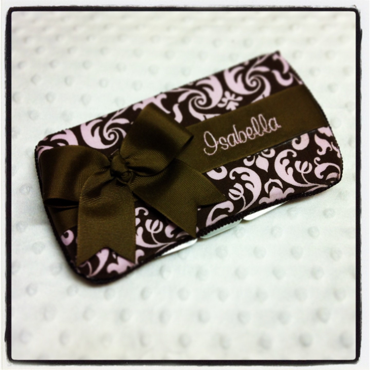 Items similar to Custom Embroidered Baby Wipe Case...Damask.. Pink... Brown on Etsy