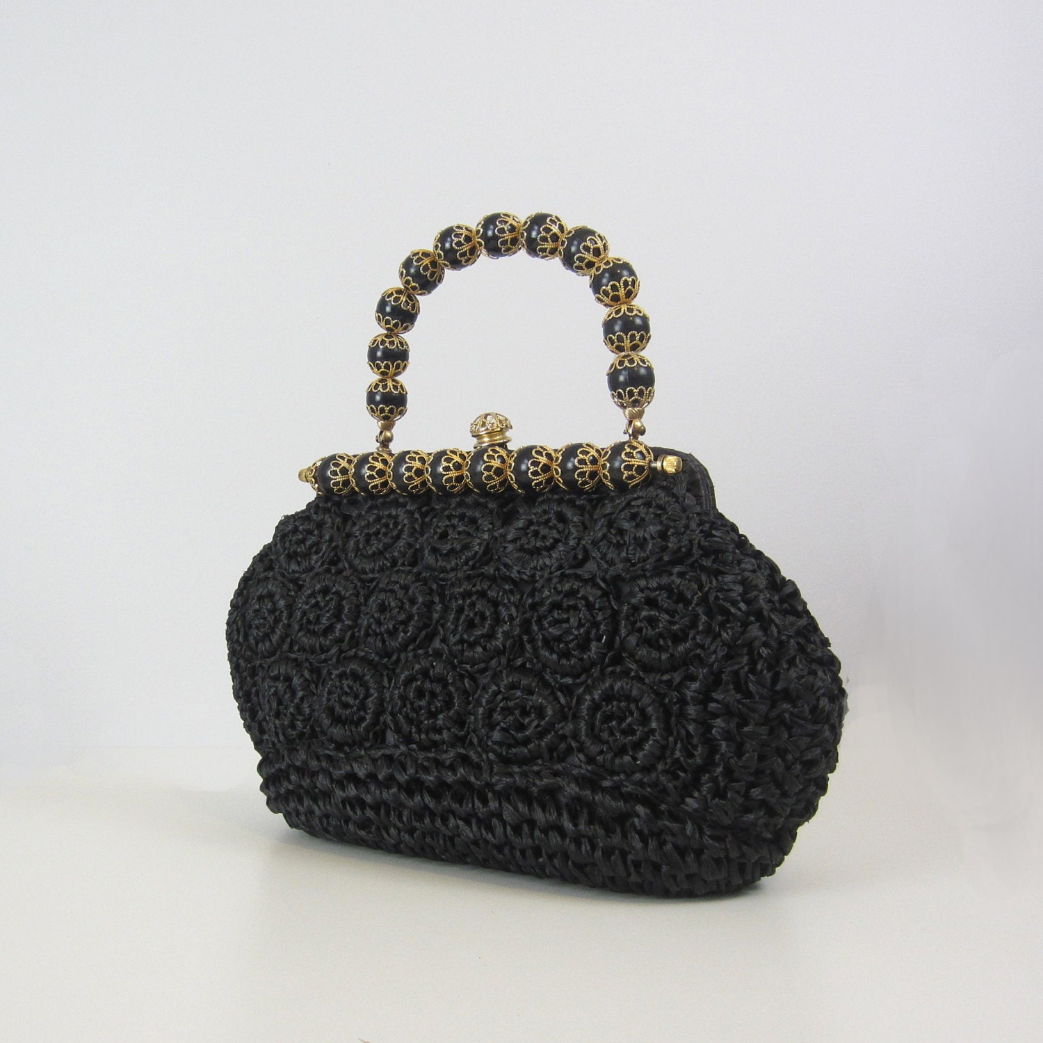 vintage woven straw handbag / 1960s straw bag / black / gold / woven purse / beaded - archetypevintage