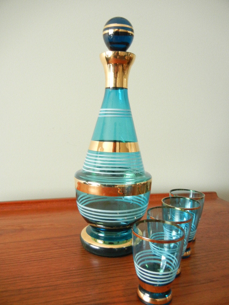 Items similar to Vintage Wine Decanter Set Blue Green with Gold and