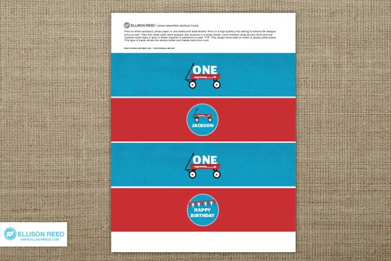 Red Wagon Printable - Drink Wrap - First birthday - Printable Party - Boy birthday - Girl birthday - Birthday Decorations - Red - Blue Il_570xn