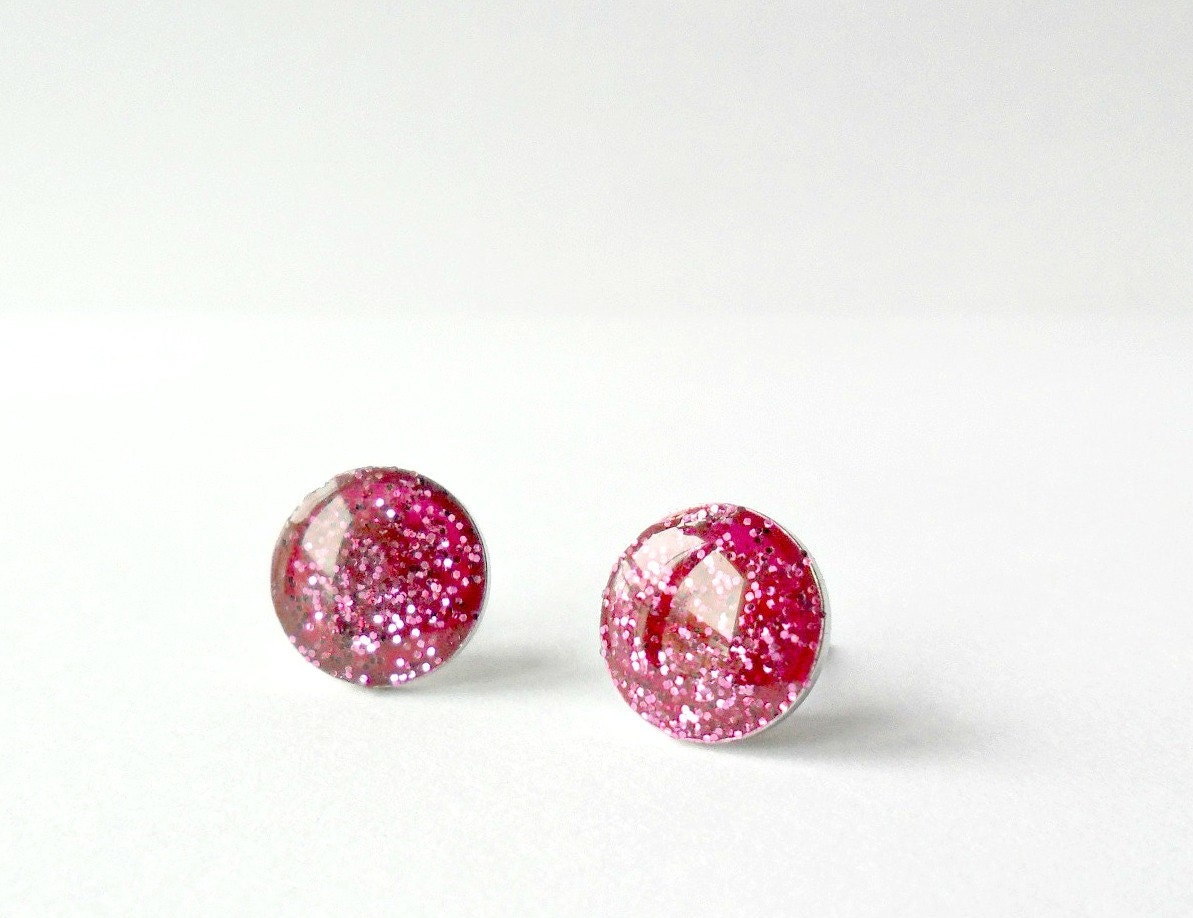 Fuchsia glitter studs, simple round earrings, hot pink post earrings, everyday jewelry - ThePurpleBalloon