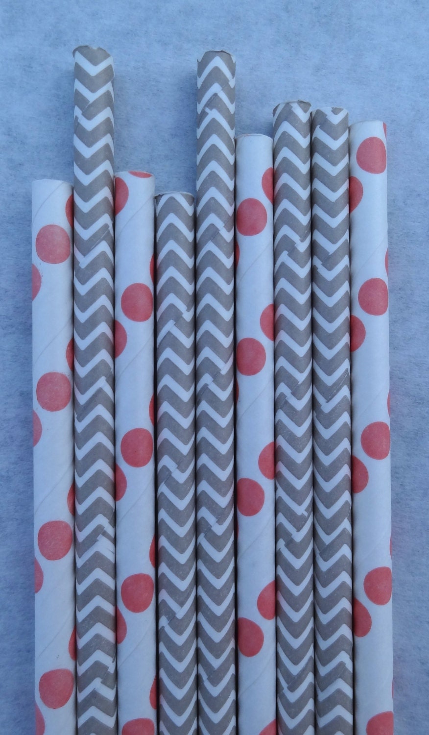 Chevron & Dot Paper Straws, Coral and Grey, 50 Pack, Gray and Salmon Paper Straws Il_570xn