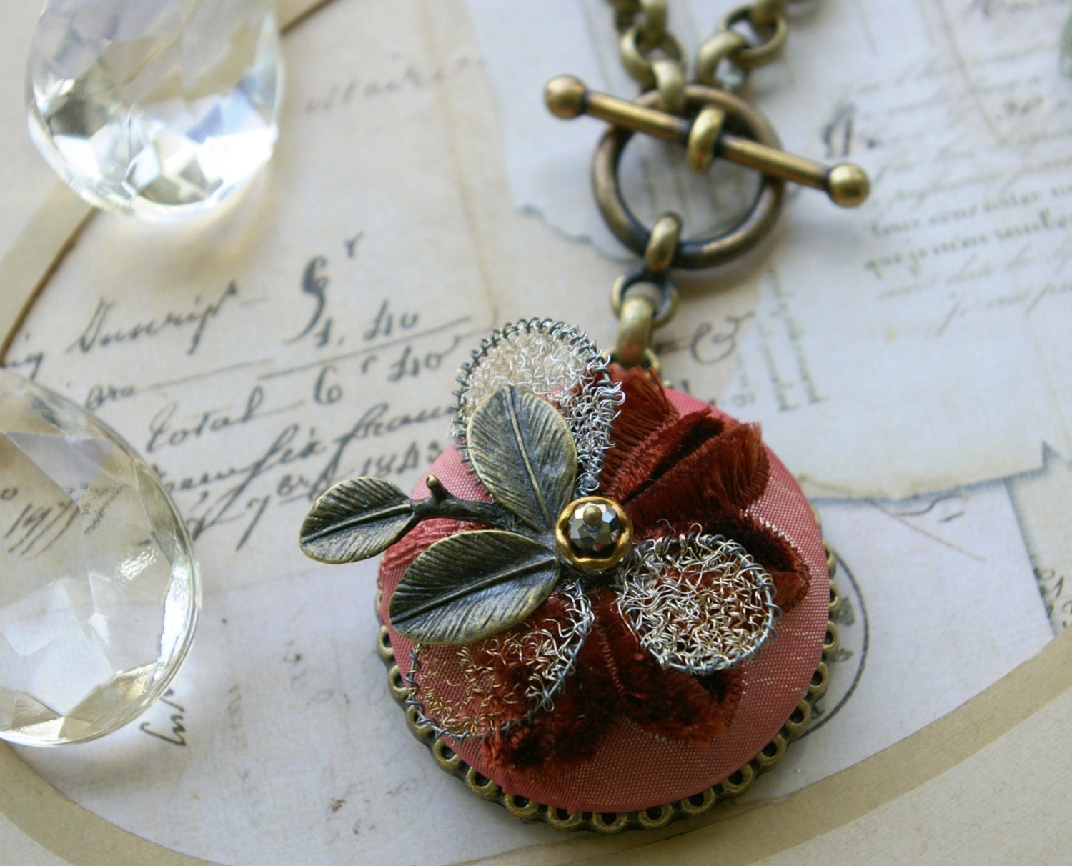 Textile Necklace, Super Large Fabric Button Necklace, Textile Jewelry, cut velvet and vintage millinery - veryDonna