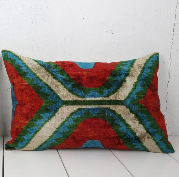 16 x 24 Decorative Pillow Accent Pillow Throw Pillow Ikat Pillow Cover Silk Pillow Green White Velvet Ikat Cushion - 03699-108