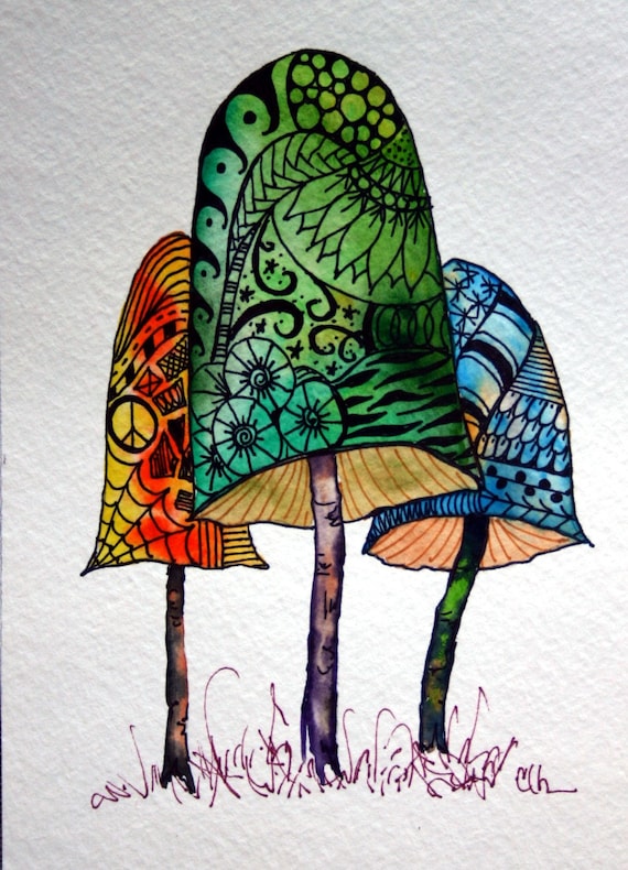 Zentangle art, original art, hand painted watercolor, mushrooms, handpainted artwork, zentangle