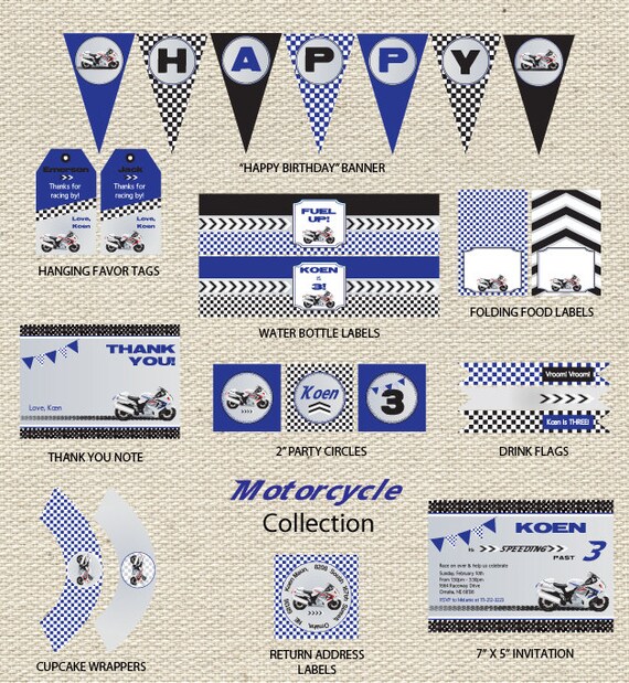 Motorcycle Birthday Party Collection Printable in Blue or Red Il_570xn