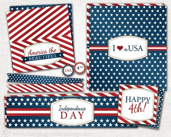 4th of July Party Package - PRINTABLE Party Set (Bag Toppers, Circles, Tags, Water Bottle Labels, Flags) - July 4th Collection Il_570xn