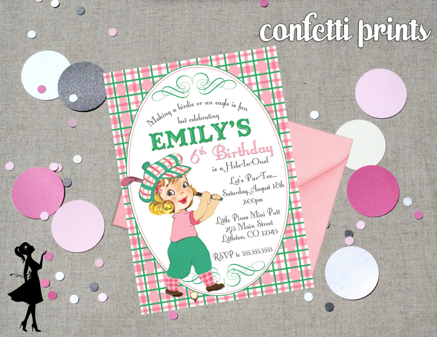 Vintage Golf Birthday Invitation - HOLE IN ONE (Girl) Printable Il_570xn
