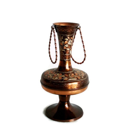 Etched copper vintage flower VASE swirling bail by