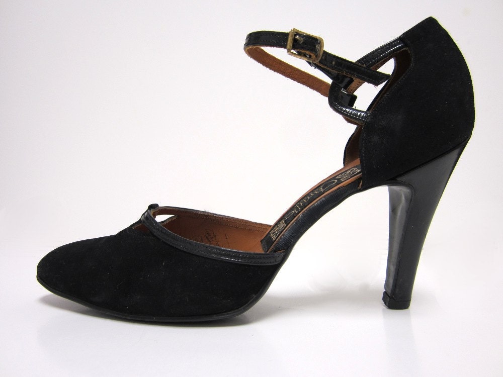 Late 1970s Black Suede High Heel Shoes with Patent Leather Trim and Ankle Strap - Disco - Size 8 UK - Made in England - UrbanCurveVintage