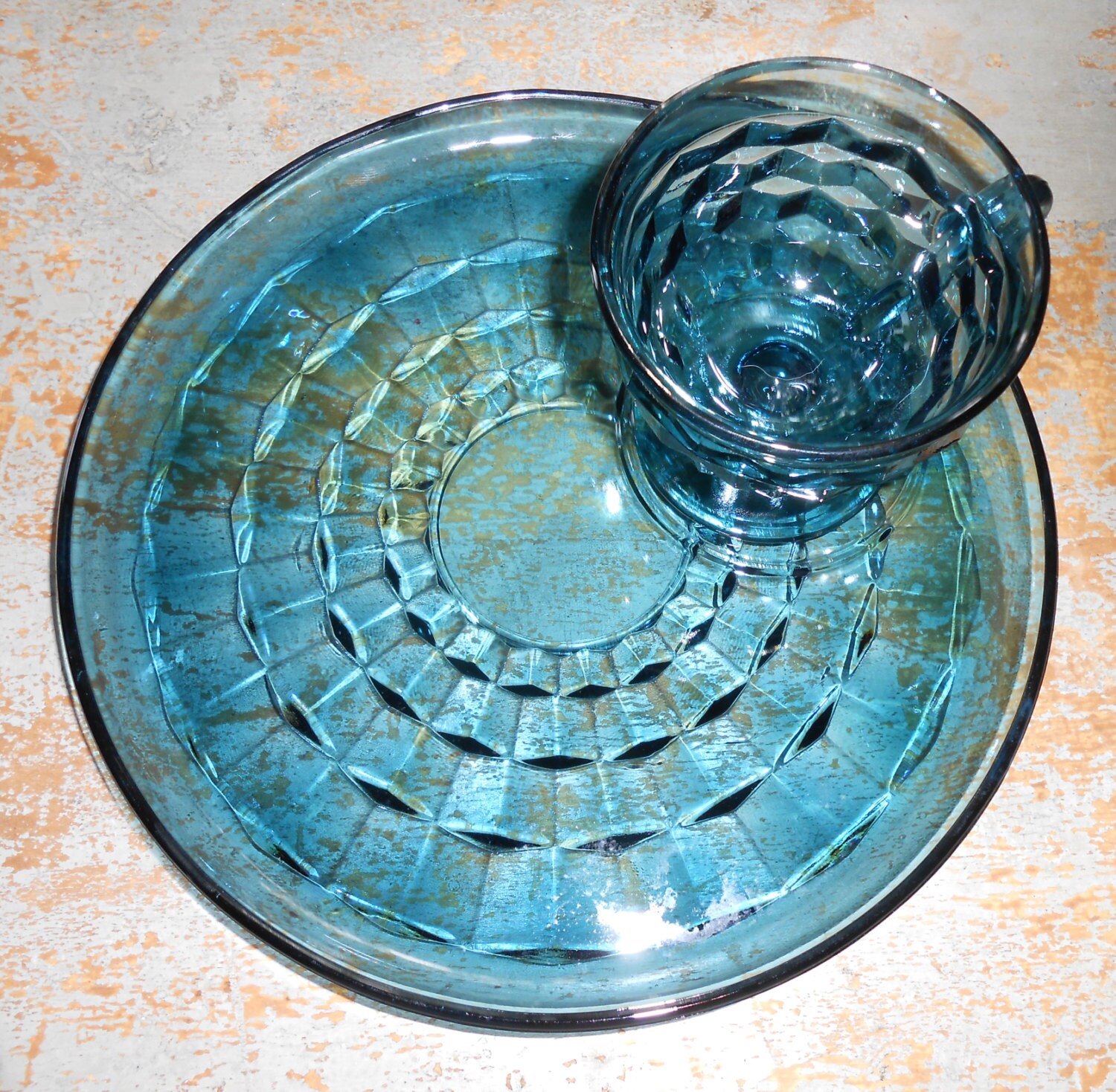 Vintage Snack Set Blue Glass Plates Cups Serving by TheBackShak