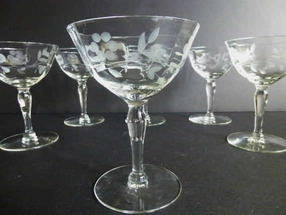 Vintage Etched Crystal Champagne Glasses Set Of 6 By Lacherimaison