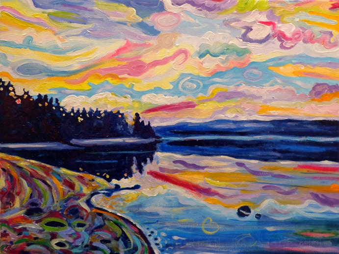 ORIGINAL Acrylic Painting The Denman Sunrise, 14x18 Colorful Ocean and Sky Art