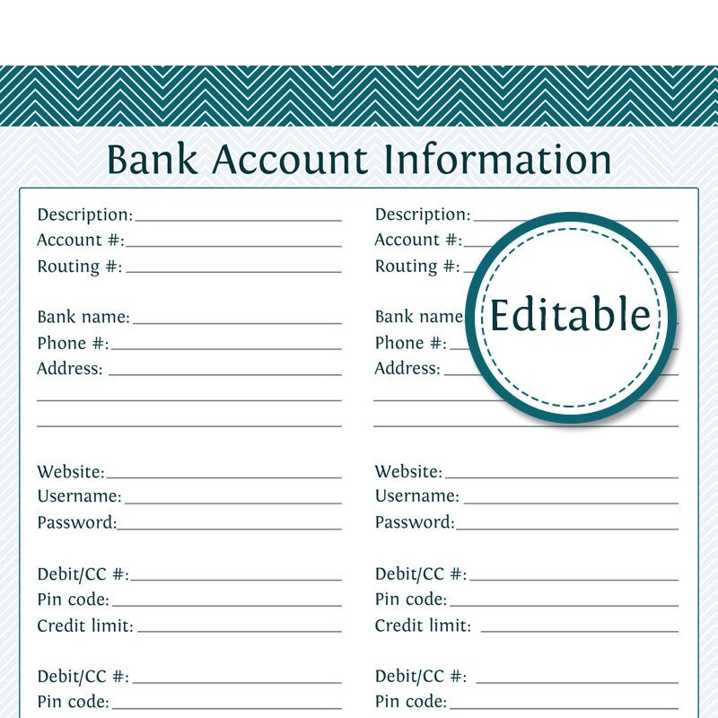 Bank Account Information Editable Instant by OrganizeLife