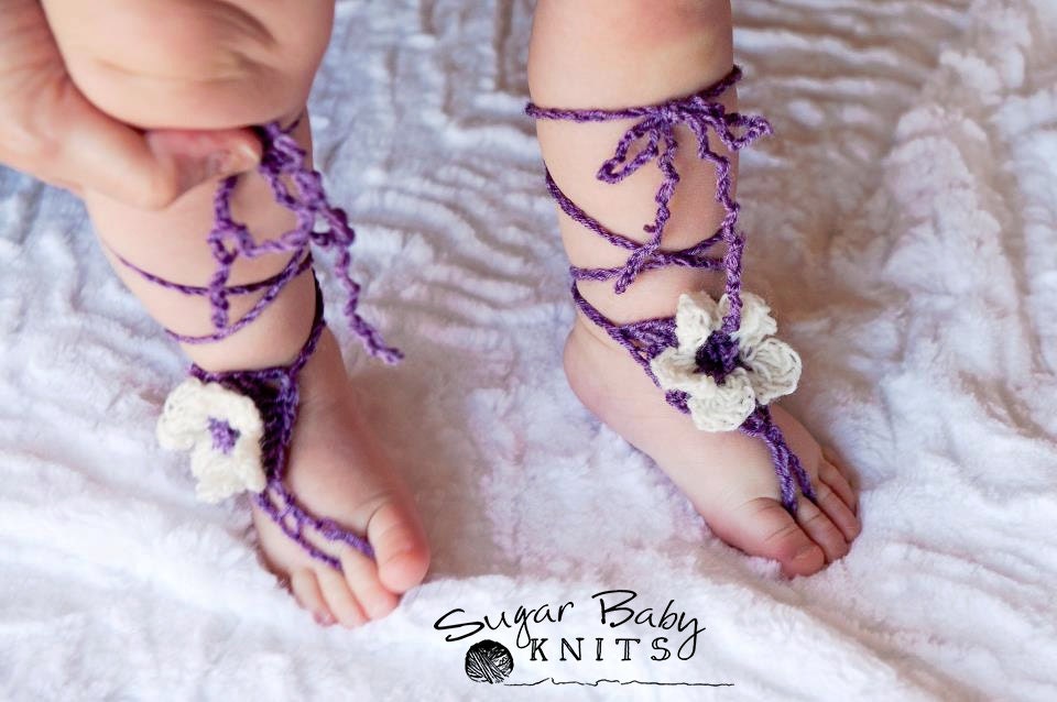 Purple Flowered Baby Barefoot Sandals Baby by SugarBabyKnits